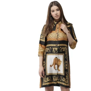 Spherevant Women's Satin Animal Print 3-4th Sleeves Above Knee Dress (White - Orange)