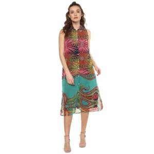 Spherevant Women's Polyester Floral Sleeveless Below Knee Dress (Multicolor)