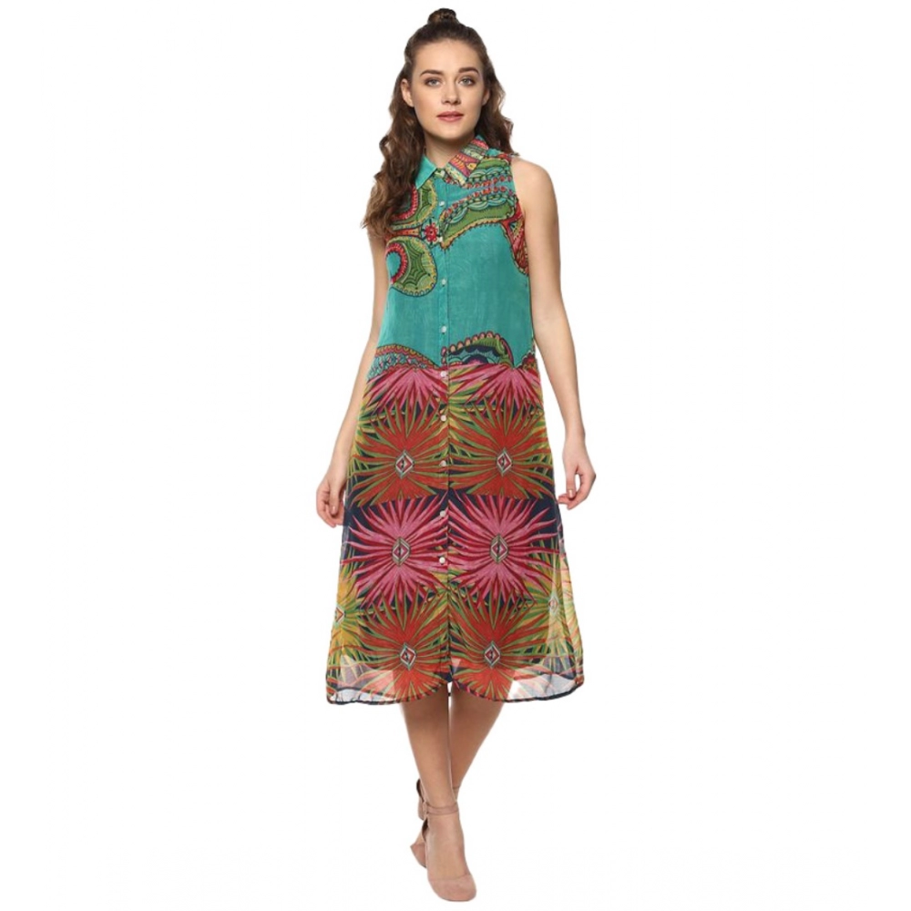 Spherevant Women's Polyester Floral Sleeveless Below Knee Dress (Multicolor)