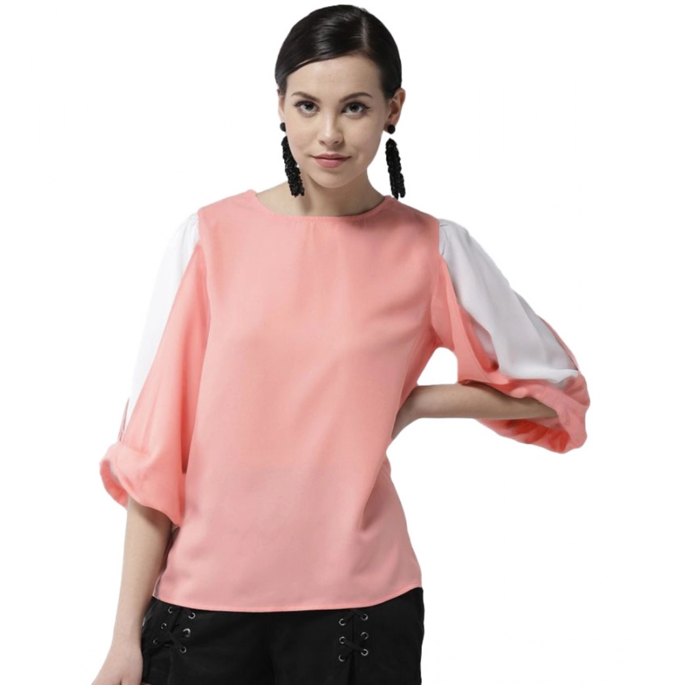 Spherevant Women's Polyester Colour Block Slit Sleeve Top (Pink)