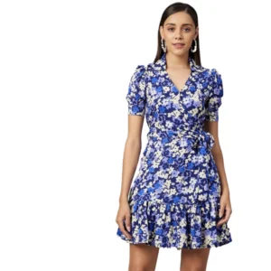 Spherevant Women's Polyester Floral Short Sleeve Above Knee Dress (Blue - Purple)