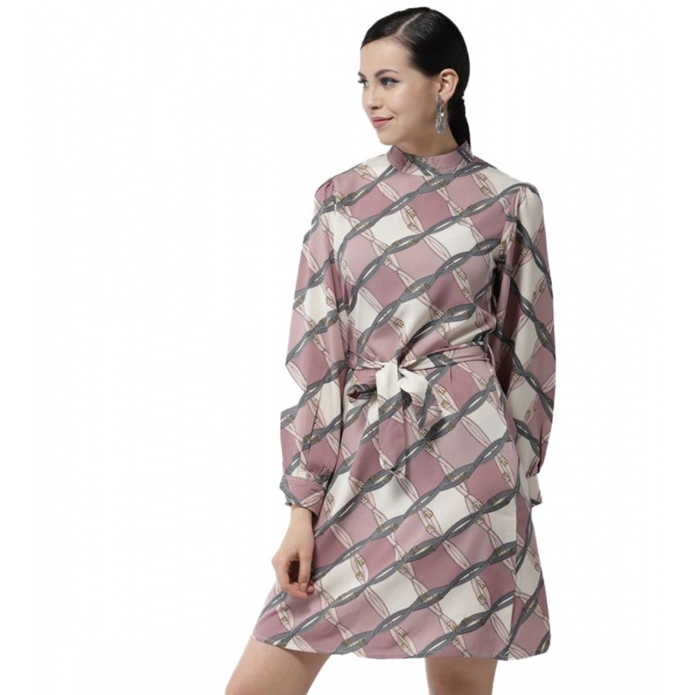 Spherevant Women's Polyester Checkered Long Sleeves Above Knee Dress (Off White - Lavender)