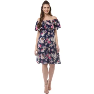 Spherevant Women's Polyester Crepe Floral Half Sleeve Above Knee Dress (Navy Blue)