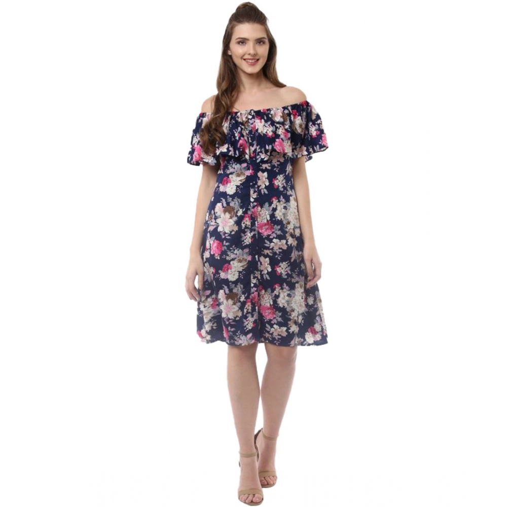 Spherevant Women's Polyester Crepe Floral Half Sleeve Above Knee Dress (Navy Blue)