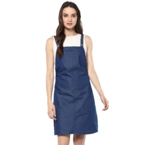 Spherevant Women's Denim Solid Shoulder Straps Above Knee Dress (Blue)