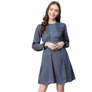 Spherevant Women's Polyester Polka Long Sleeves Above Knee Dress (Grey - Coral)