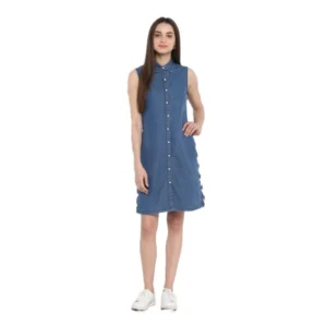 Spherevant Women's Denim Solid Sleeveless Above Knee Dress (Blue)