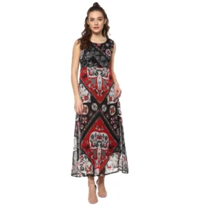 Spherevant Women's Polyester Printed Sleeveless Dress (Red - Black)