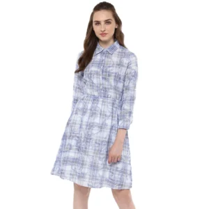 Spherevant Women's Cotton Checkered Roll Up Sleeve Above Knee Dress (Blue)
