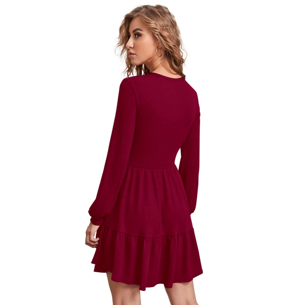 Spherevant Women's Knitting stretchable Solid Round Neck Full Sleeve Dress (Maroon) - Image 2