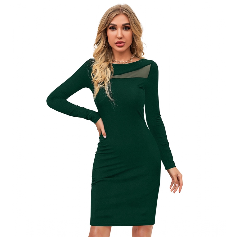 Spherevant Women's Knitting stretchable Solid Round Neck Full Sleeve Dress (Green )