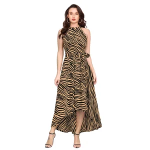 Spherevant Women's Polyester Zebra Pattern Halter Neck Sleeveless Dress (Yellow)