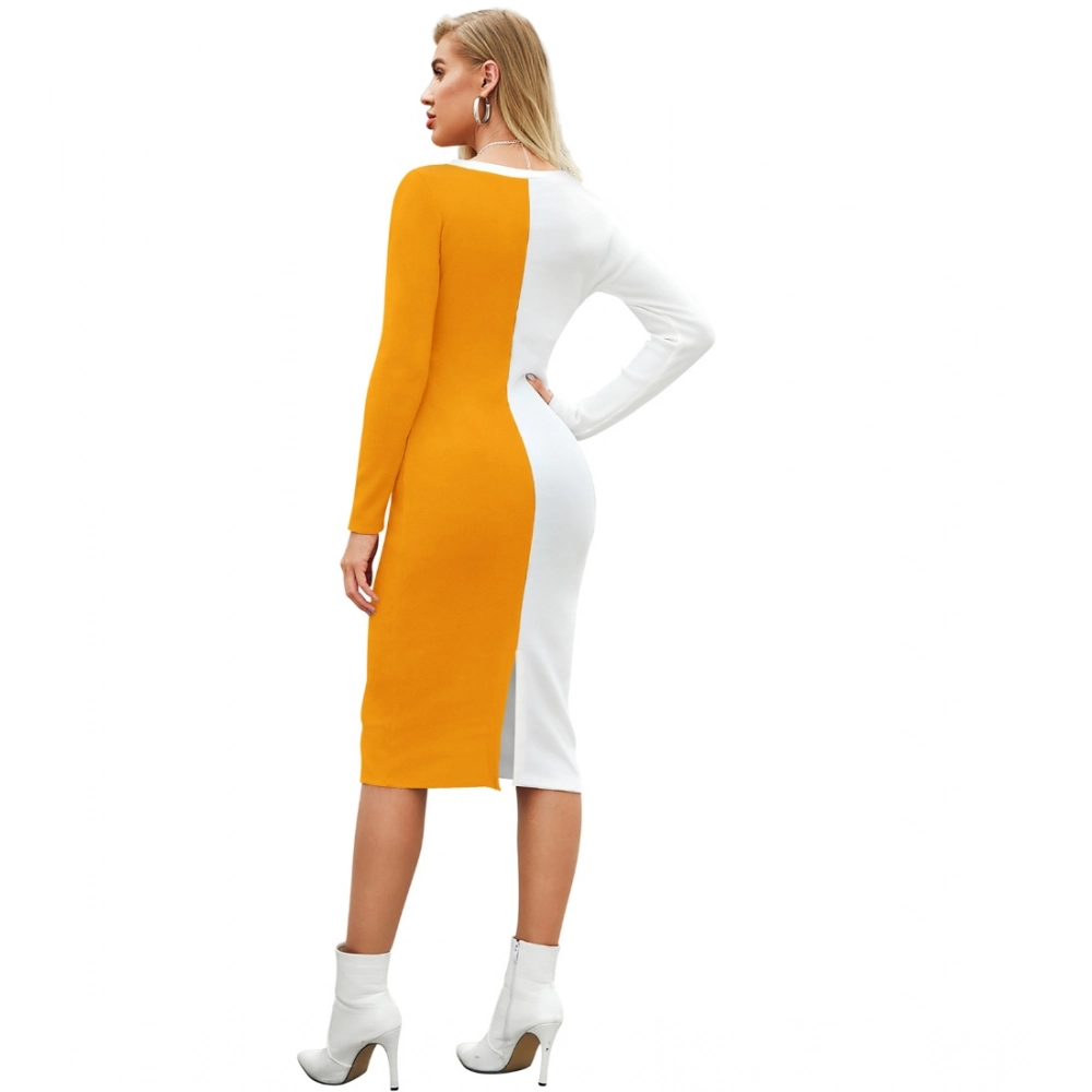 Spherevant Women's Knitting stretchable Solid Round Neck Full Sleeve Dress (Yellow) - Image 2