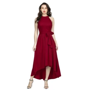Spherevant Women's Polyster Solid Halter Neck Sleeveless Dress (Maroon)