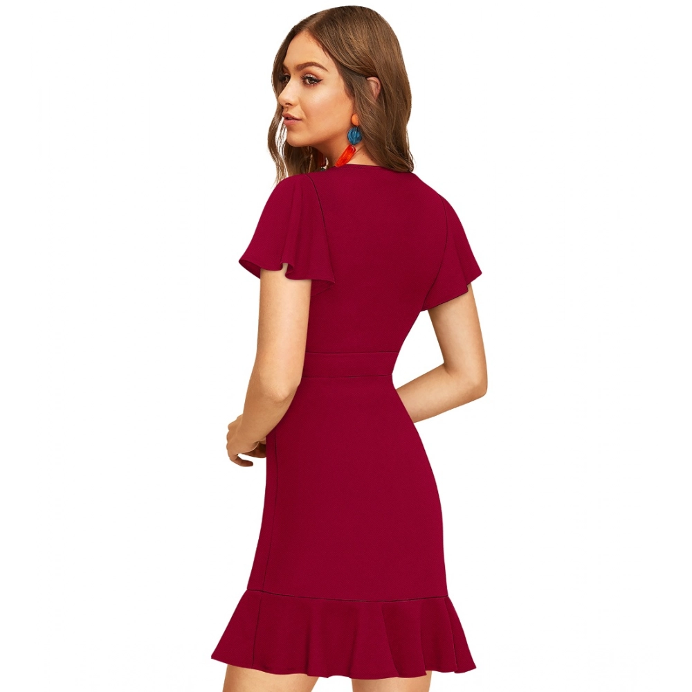 Spherevant Women's Knitting stretchable Solid V Neck Flaired Sleeve Dress (Maroon ) - Image 2