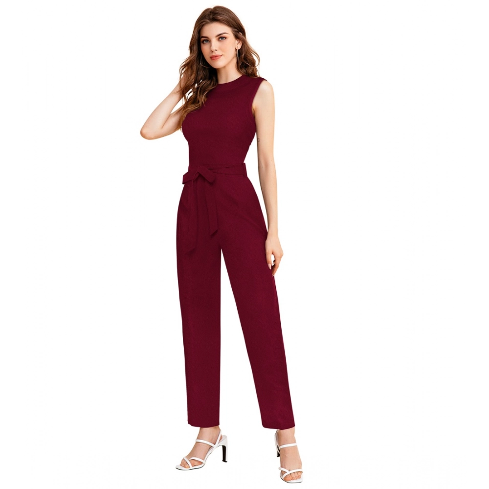 Spherevant Women's Knitting stretchable Solid Round Neck Sleeveless Jumpsuit (Maroon)