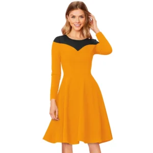 Spherevant Women's Knitting stretchable Solid Round Neck Full Sleeve Dress (Yellow)