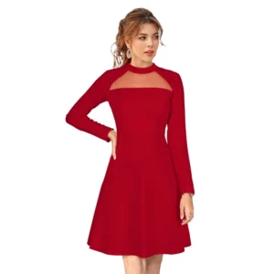 Spherevant Women's Knitting stretchable Solid Round Neck Full Sleeve Dress (Red)