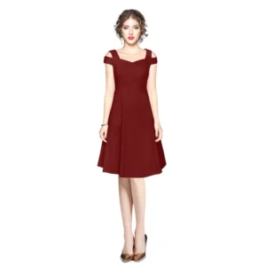 Spherevant Women's Polyester Solid V Neck Cap Sleeve off Shoulder Dress (Maroon)