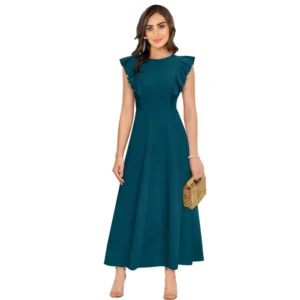 Spherevant Women's Knitting stretchable Solid Round Neck Ruffled Sleeve Dress (Morpich)