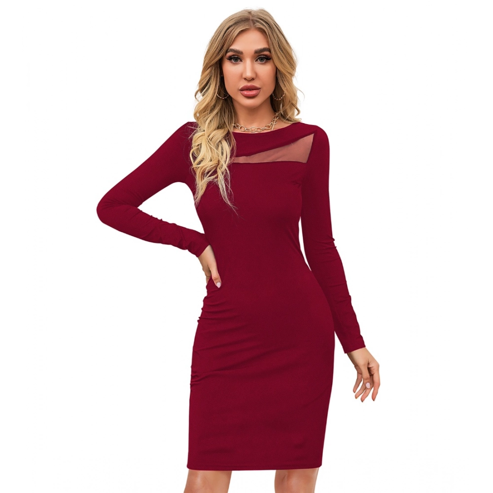 Spherevant Women's Knitting stretchable Solid Round Neck Full Sleeve Dress (Maroon)