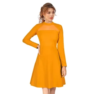 Spherevant Women's Knitting stretchable Solid Round Neck Full Sleeve Dress (Yellow)