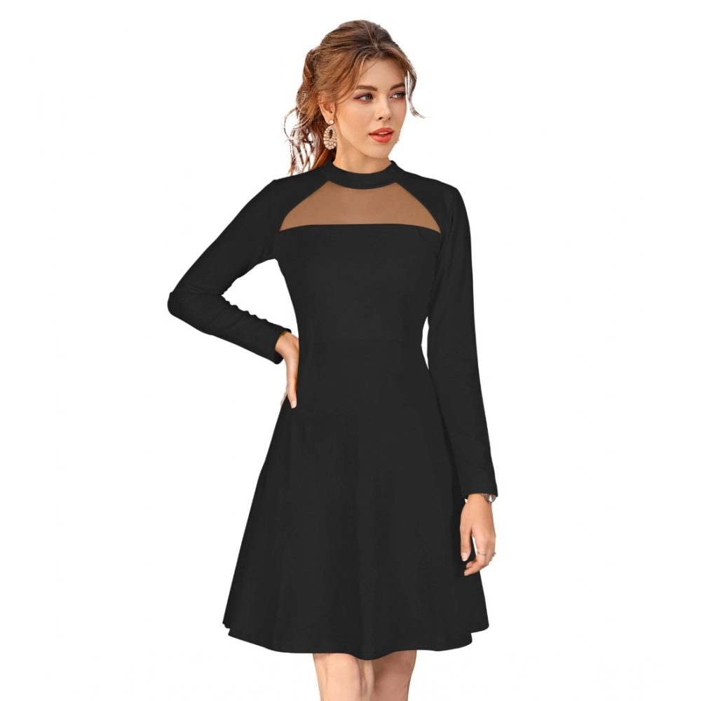 Spherevant Women's Knitting stretchable Solid Round Neck Full Sleeve Dress (Black)