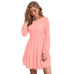 Spherevant Women's Knitting stretchable Solid Round Neck Full Sleeve Dress (Peach)