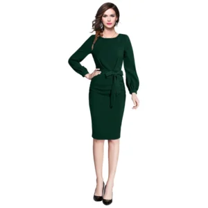 Spherevant Women's Knitting stretchable Solid Round Neck Full Sleeve Dress (Green)