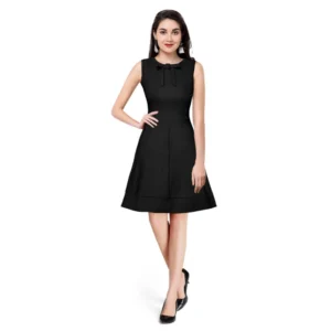 Spherevant Women's Polyester Solid Round Neck Sleeveless Dress (Black)