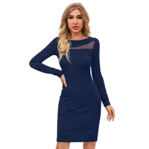 Spherevant Women's Knitting stretchable Solid Round Neck Full Sleeve Dress (Blue )