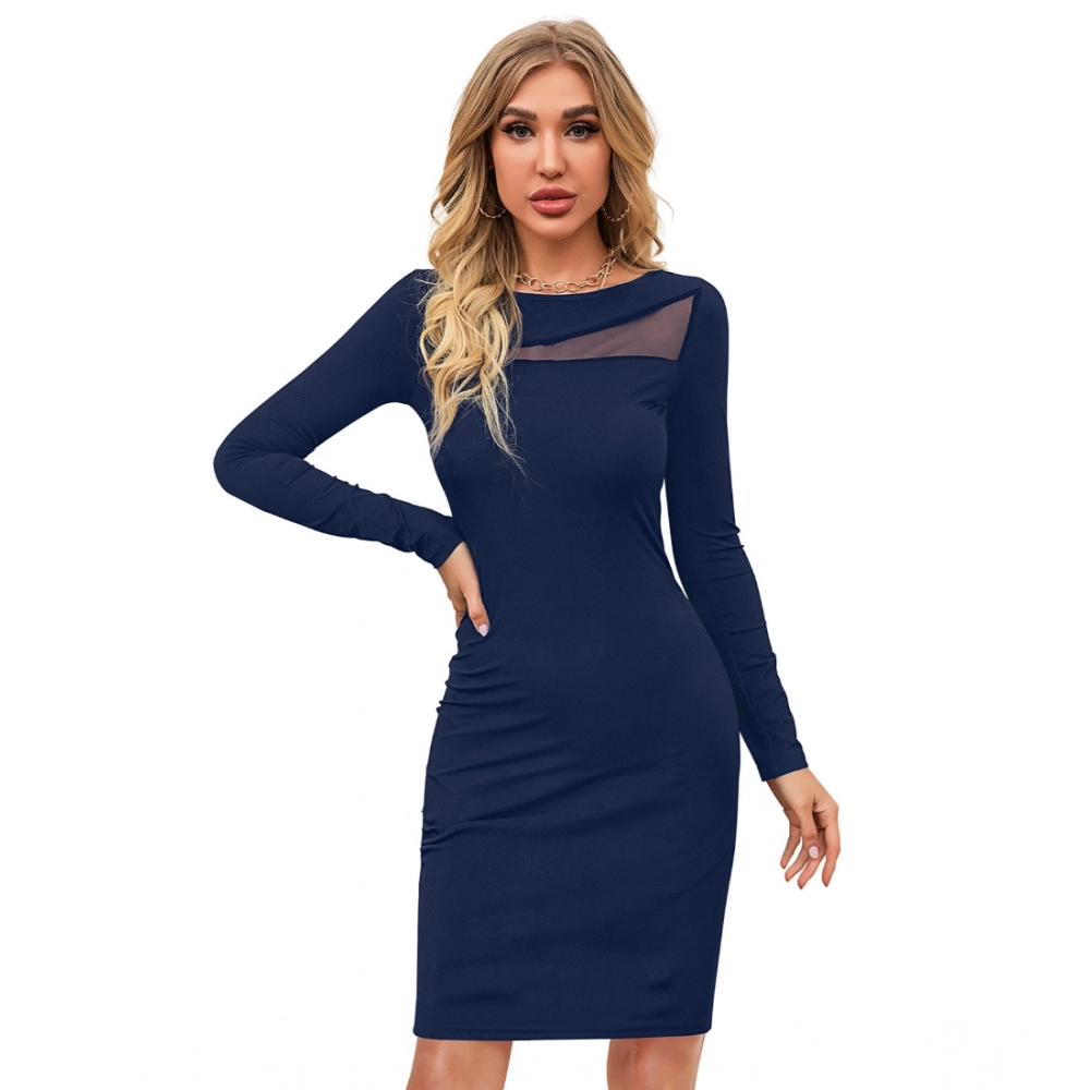 Spherevant Women's Knitting stretchable Solid Round Neck Full Sleeve Dress (Blue )