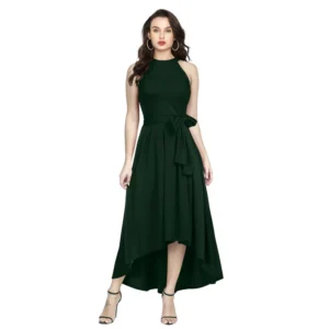 Spherevant Women's Polyster Solid Halter Neck Sleeveless Dress (Green)