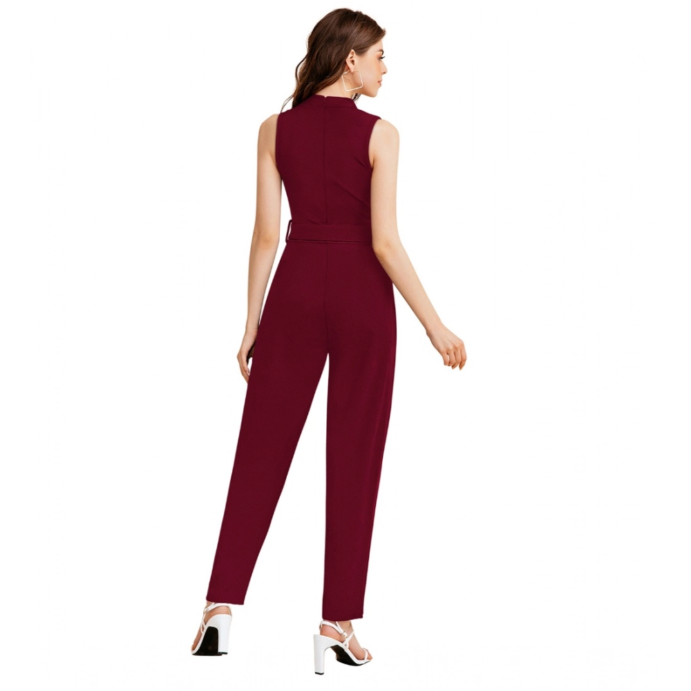 Spherevant Women's Knitting stretchable Solid Round Neck Sleeveless Jumpsuit (Maroon) - Image 2
