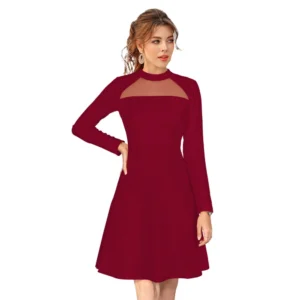 Spherevant Women's Knitting stretchable Solid Round Neck Full Sleeve Dress (Maroon)