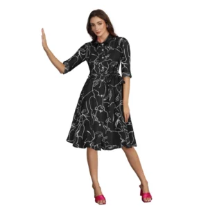 Spherevant Women's Ruby Cotton Printed Shirt Collar 3-4th Sleeve Dress (Black)