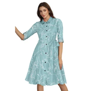 Spherevant Women's Ruby Cotton Printed Shirt Collar 3-4th Sleeve Dress (Pista)