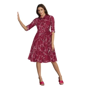 Spherevant Women's Ruby Cotton Printed Shirt Collar 3-4th Sleeve Dress (Maroon)