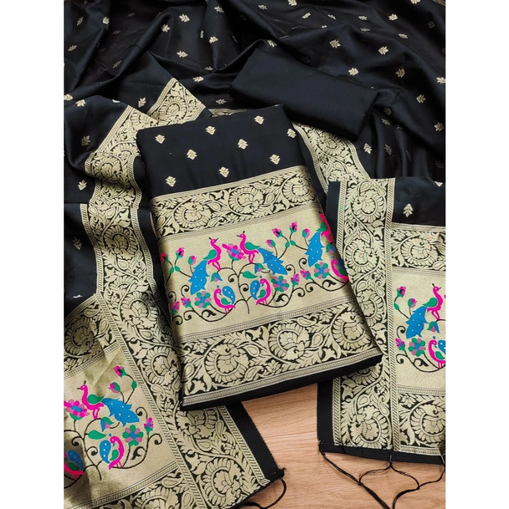 Spherevant Women's Banarasi Silk Printed Unstitched Salwar Suit Material With Dupatta (Black, 3Mtrs)