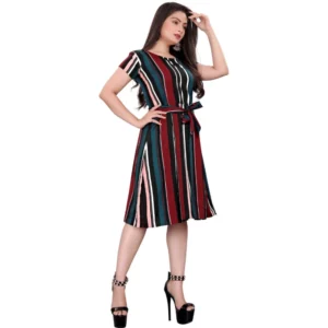 Spherevant Women's Crep Striped Short Sleeve Dress (Red-Blue )
