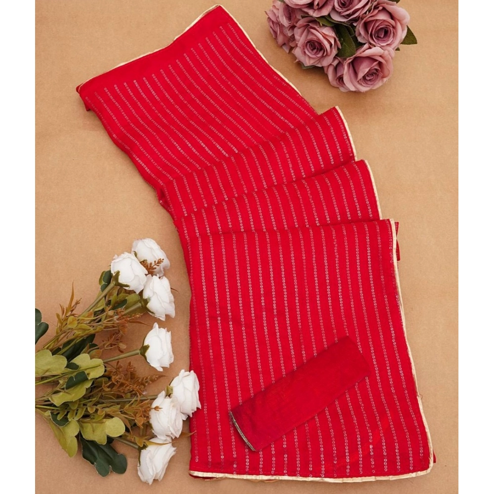 Spherevant Women's Vichitra Silk Striped Saree With Unstitched Blouse 5.5Mtr (Red) - Image 2