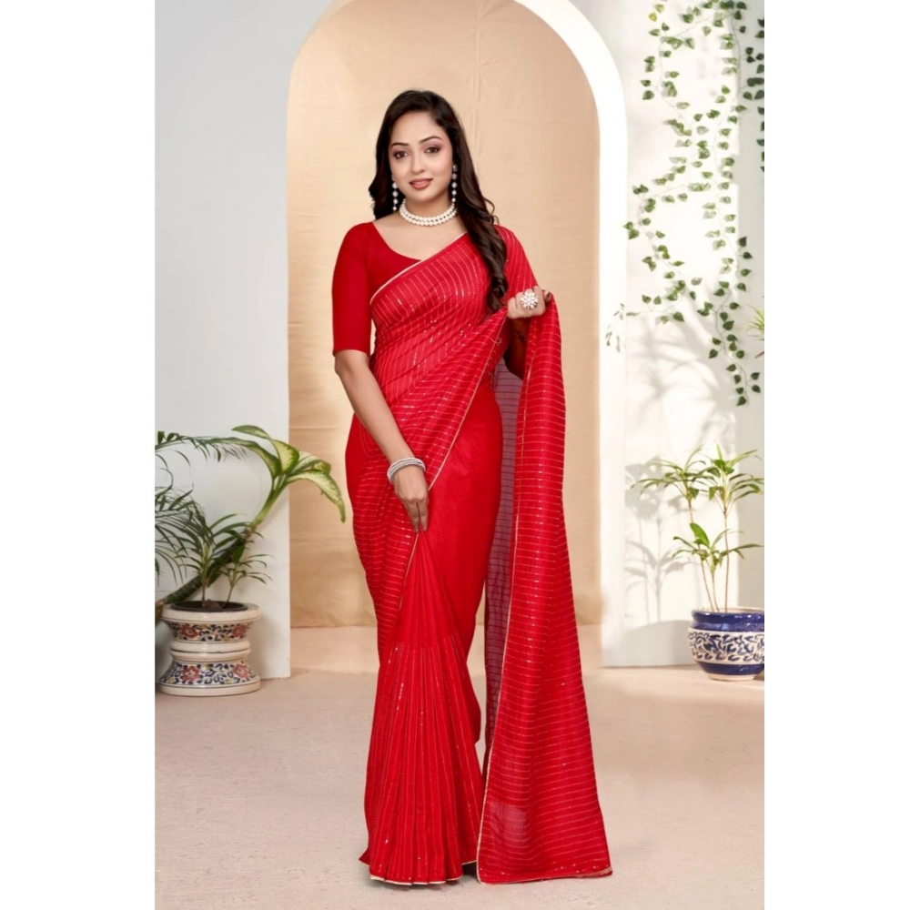 Spherevant Women's Vichitra Silk Striped Saree With Unstitched Blouse 5.5Mtr (Red)