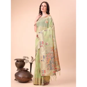 Spherevant Women's Linen Cotton Printed Saree With Unstitched Blouse 5.5Mtr (Light Green)