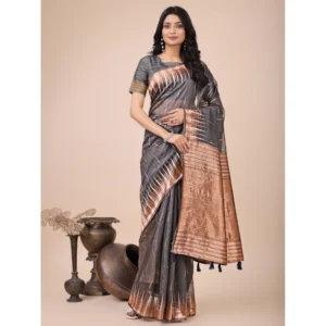 Spherevant Women's Linen Cotton Printed Saree With Unstitched Blouse 5.5Mtr (Grey)