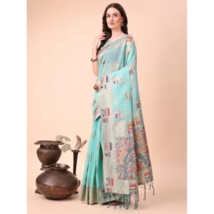 Spherevant Women's Linen Cotton Printed Saree With Unstitched Blouse 5.5Mtr (Sky Blue)