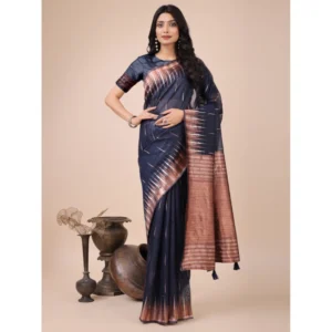 Spherevant Women's Linen Cotton Printed Saree With Unstitched Blouse 5.5Mtr (Navy Blue)