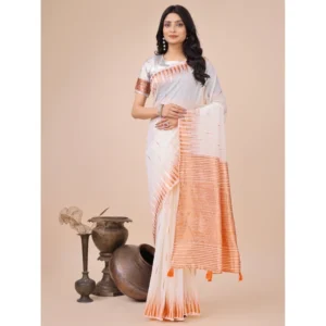Spherevant Women's Linen Cotton Printed Saree With Unstitched Blouse 5.5Mtr (White)