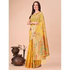 Spherevant Women's Linen Cotton Printed Saree With Unstitched Blouse 5.5Mtr (Yellow)