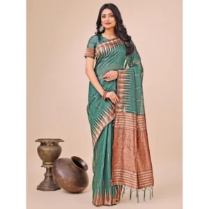 Spherevant Women's Linen Cotton Printed Saree With Unstitched Blouse 5.5Mtr (Green)