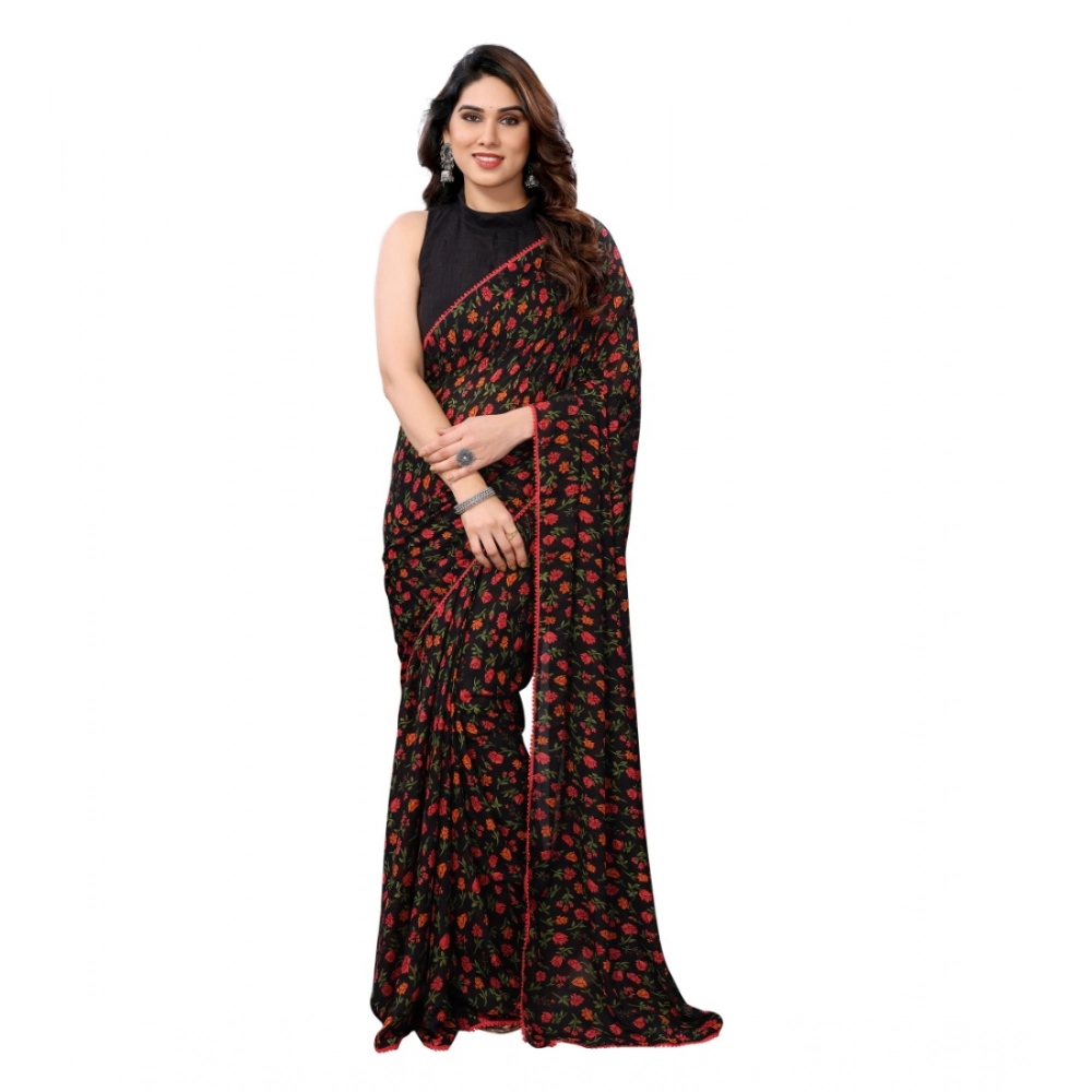 Spherevant Women's Small Lace Georgette Printed Ready-to-Wear Saree With Unstitched Blouse 5.5 Mtr (Black)